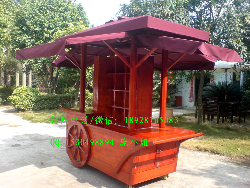 戶外木質(zhì)公園手推車，商場(chǎng)廣場(chǎng)售貨車，景觀實(shí)木售賣車