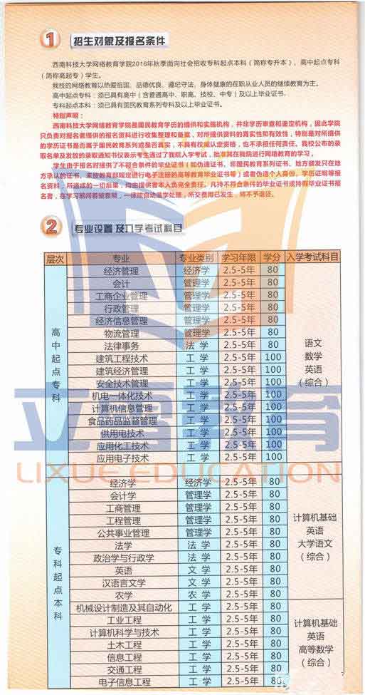 西南科技大学【专科、本科】网教报考_推荐【厦门立雪教育】